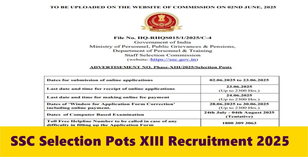 SSC Selection Pots XIII Recruitment 2025